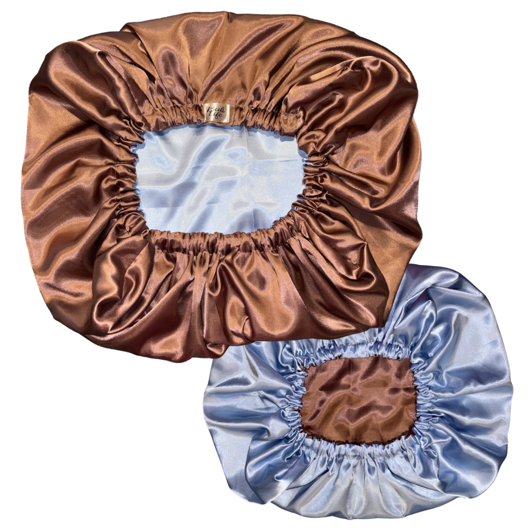 Mocha & Baby Blue Reversible Pillow Bonnet