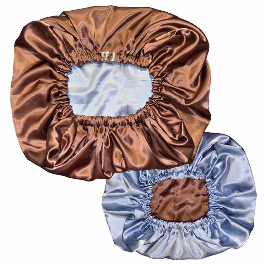 Mocha & Baby Blue Reversible Pillow Bonnet