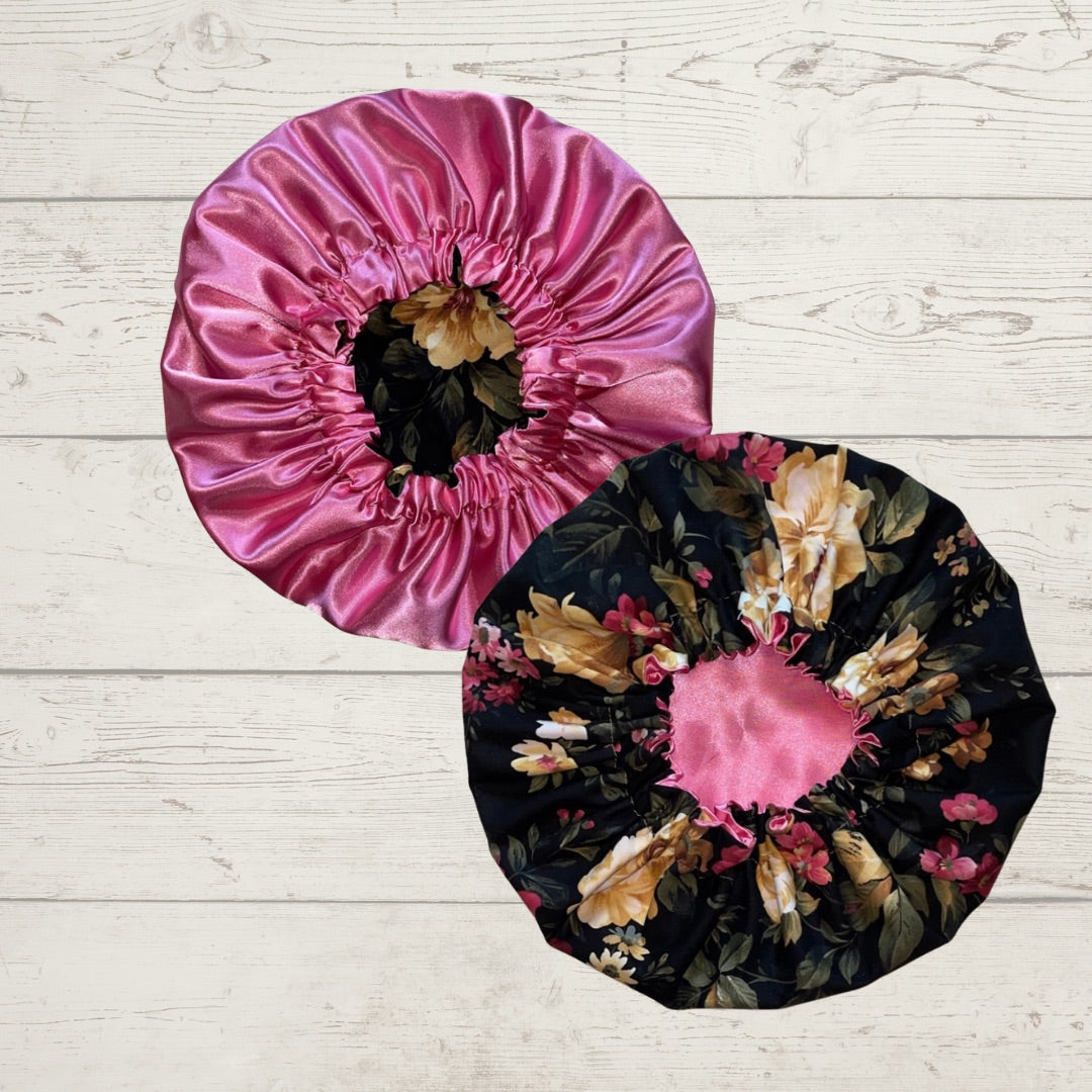 Black Floral Satin Lined Bonnet