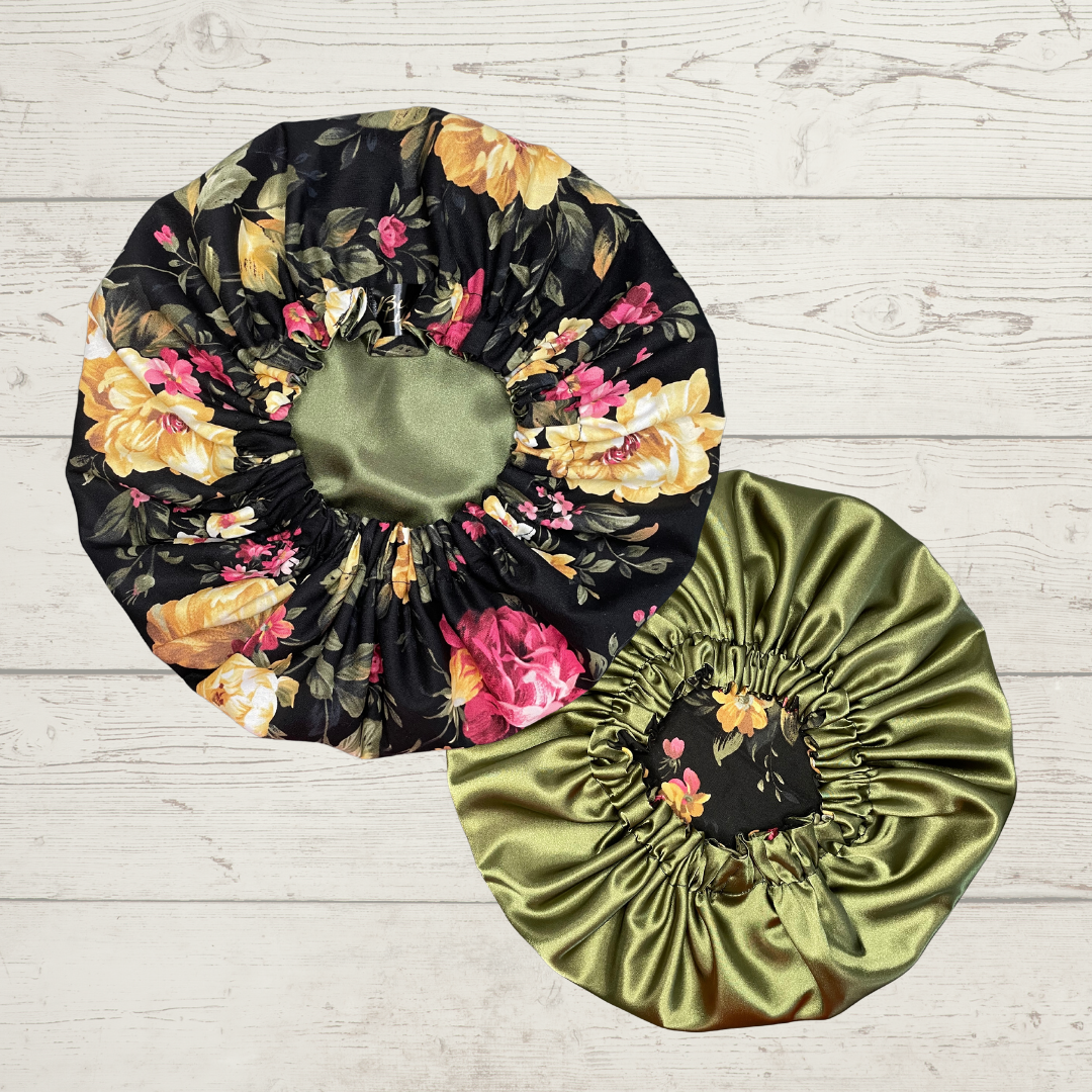 Black Floral Satin Lined Bonnet